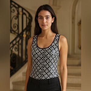 White House Black Market XS Black & White Sequin Tank Top Geometric Pattern